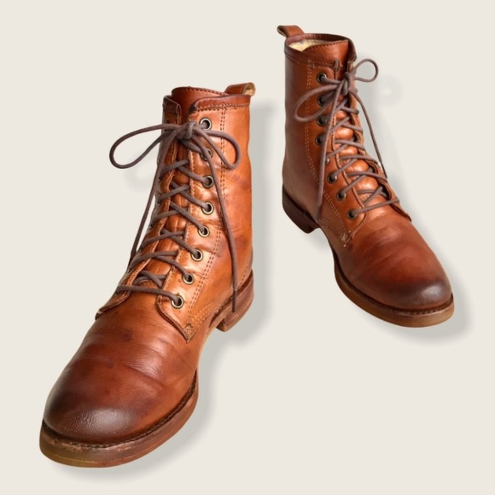 Frye Veronica Combat Cognac Leather Lace Up Boots - Picture 8 of 15